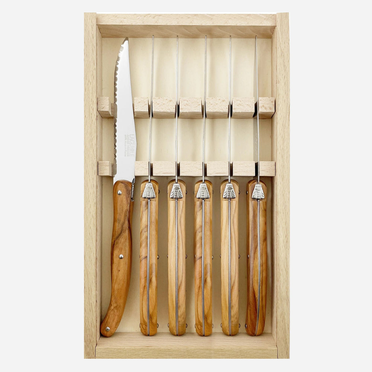 6 Piece Steak Knife Set in Wooden Gift Box, Olive Wood