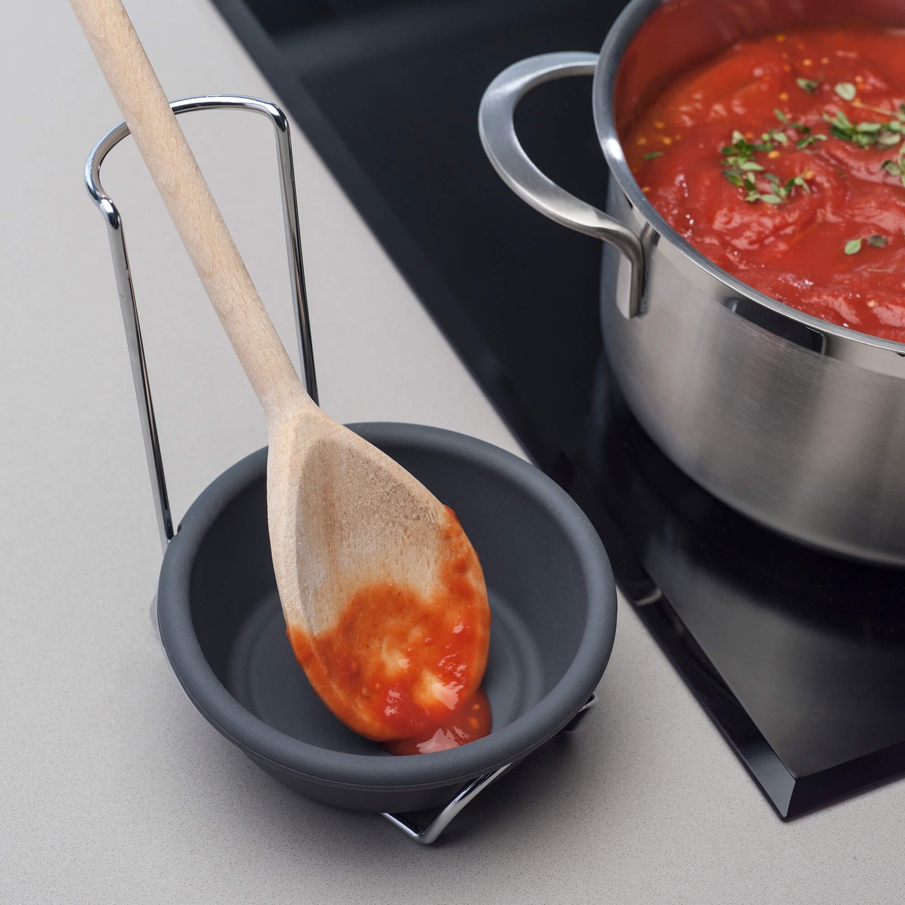 Silicone Spoon Rest and Basting Bowl with Chrome Stand