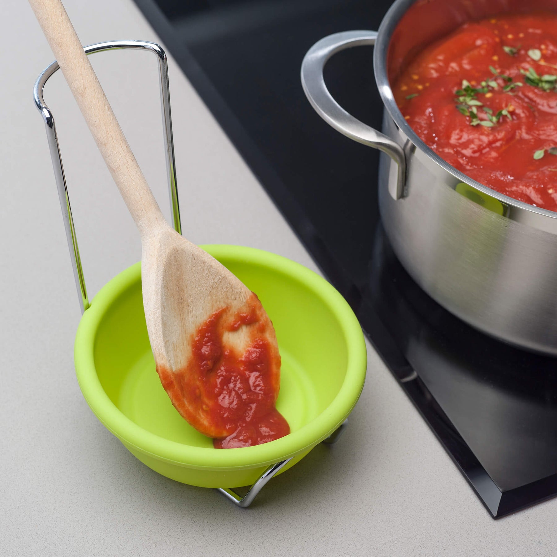Silicone Spoon Rest and Basting Bowl with Chrome Stand