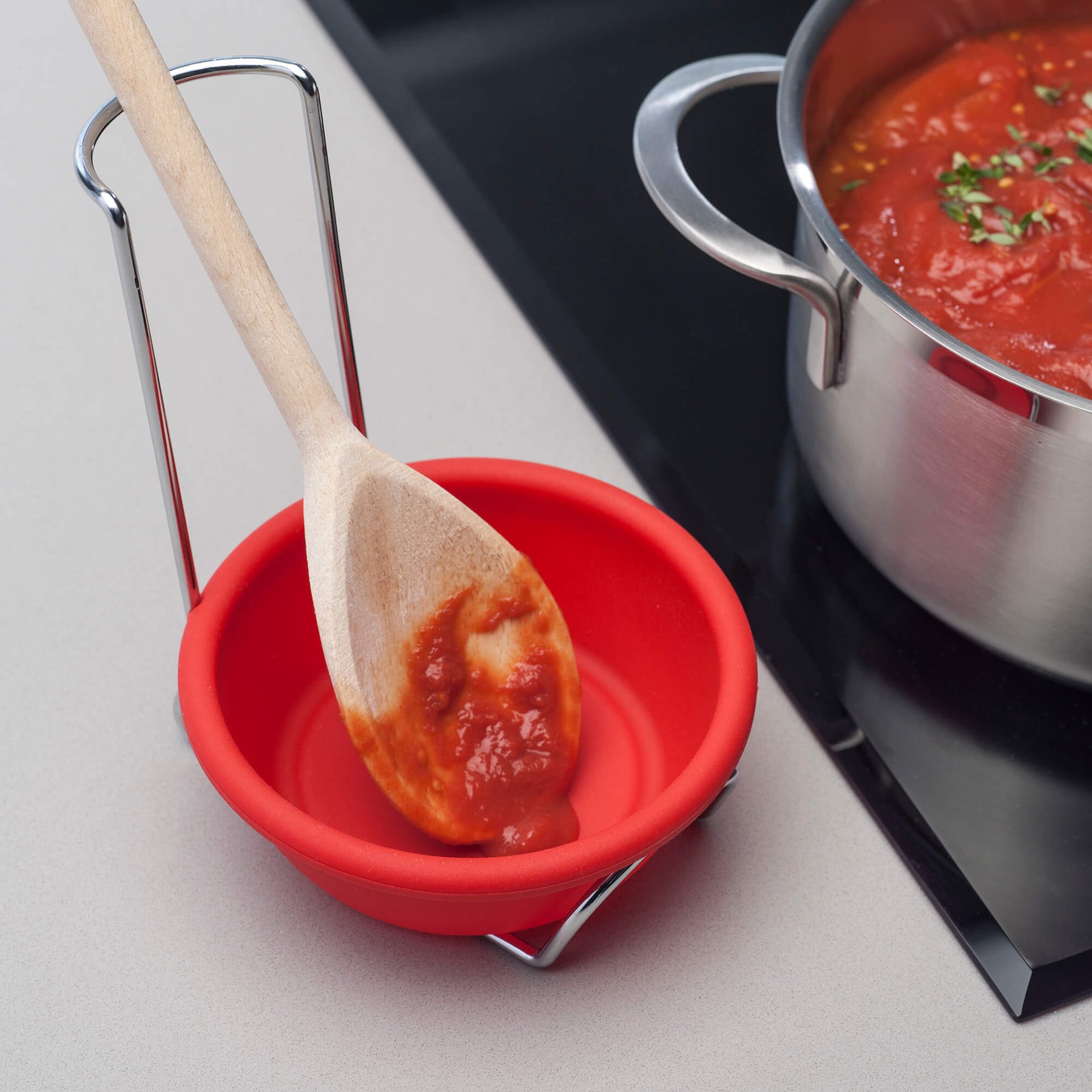 Silicone Spoon Rest and Basting Bowl with Chrome Stand