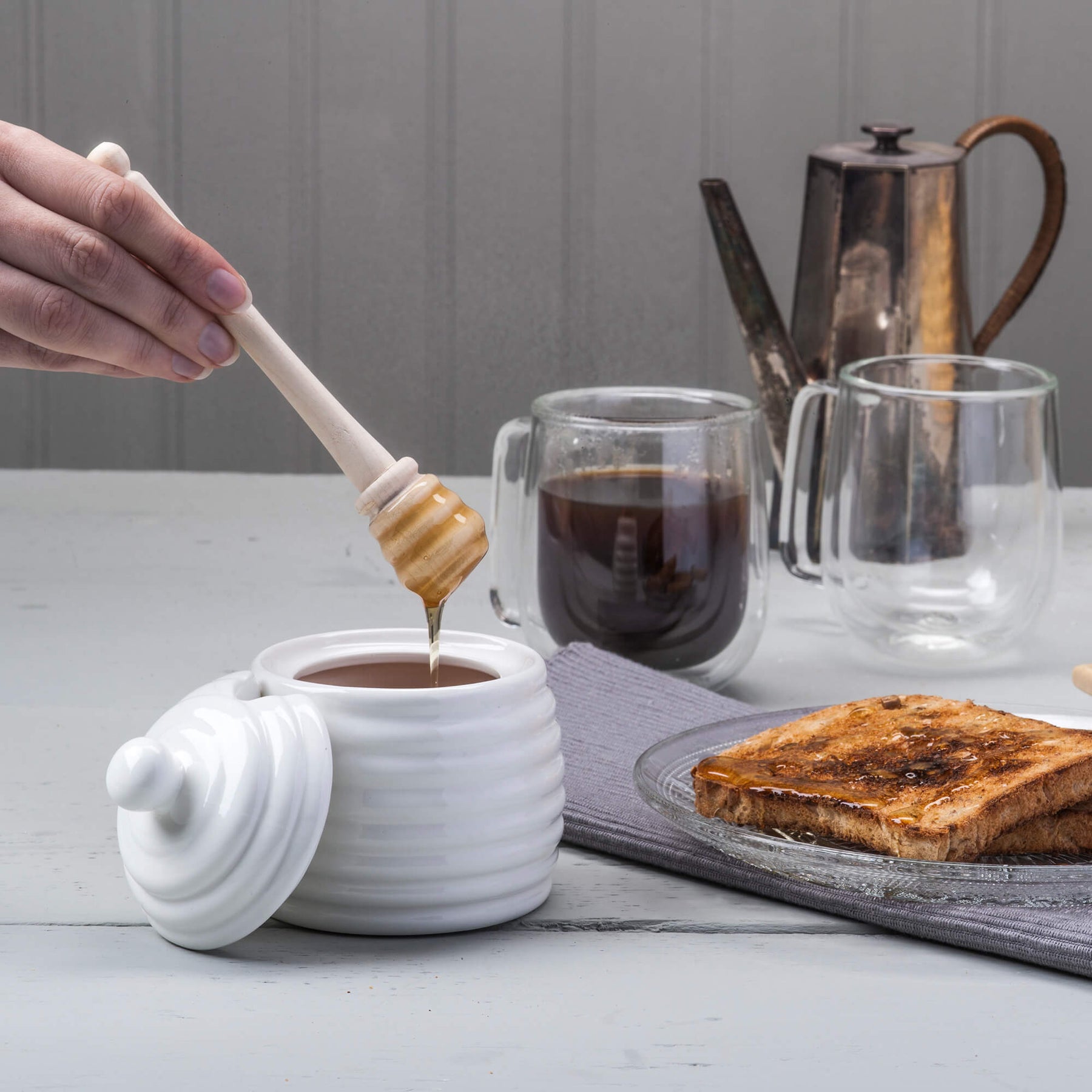 Porcelain Honey Pot with Wooden Dipper