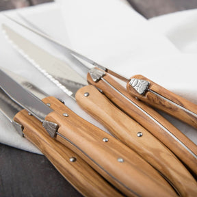 6 Piece Steak Knife Set in Wooden Gift Box, Olive Wood