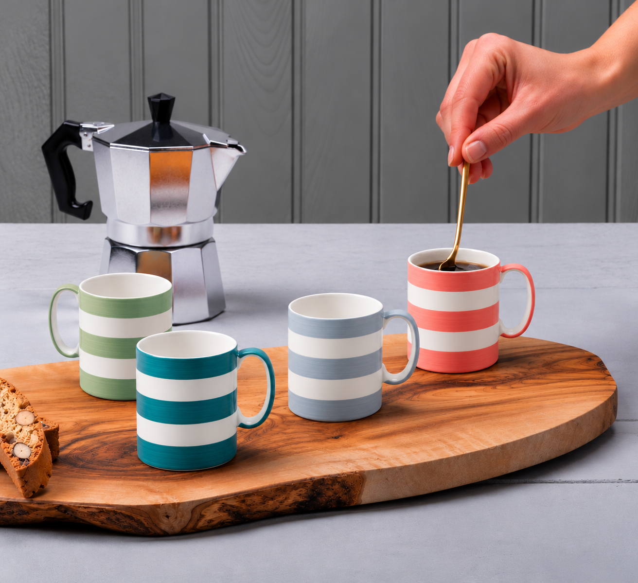 Hand Decorated Espresso Mug, Set of 4, Striped