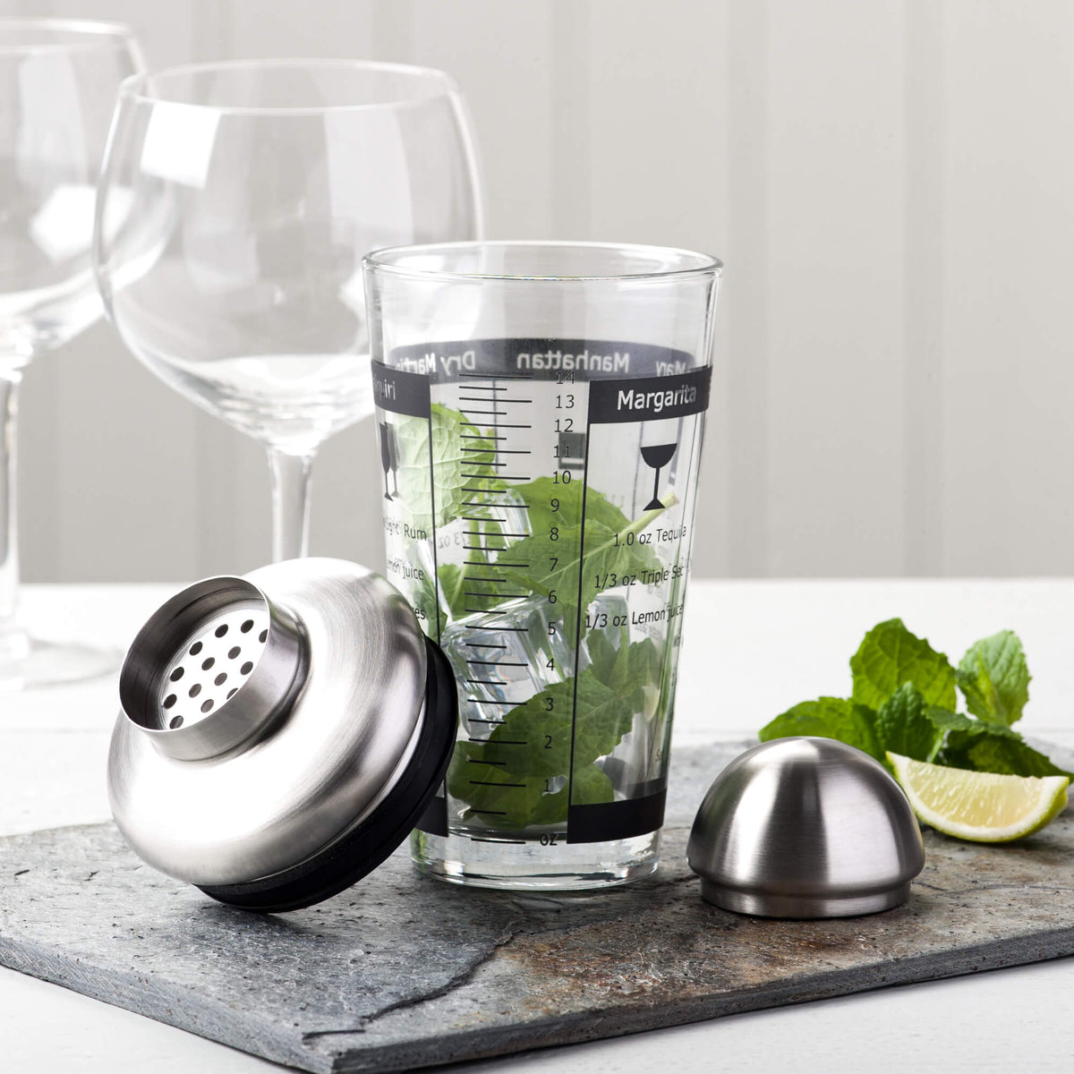 Glass Recipe Cocktail Shaker with Stainless Steel Lid