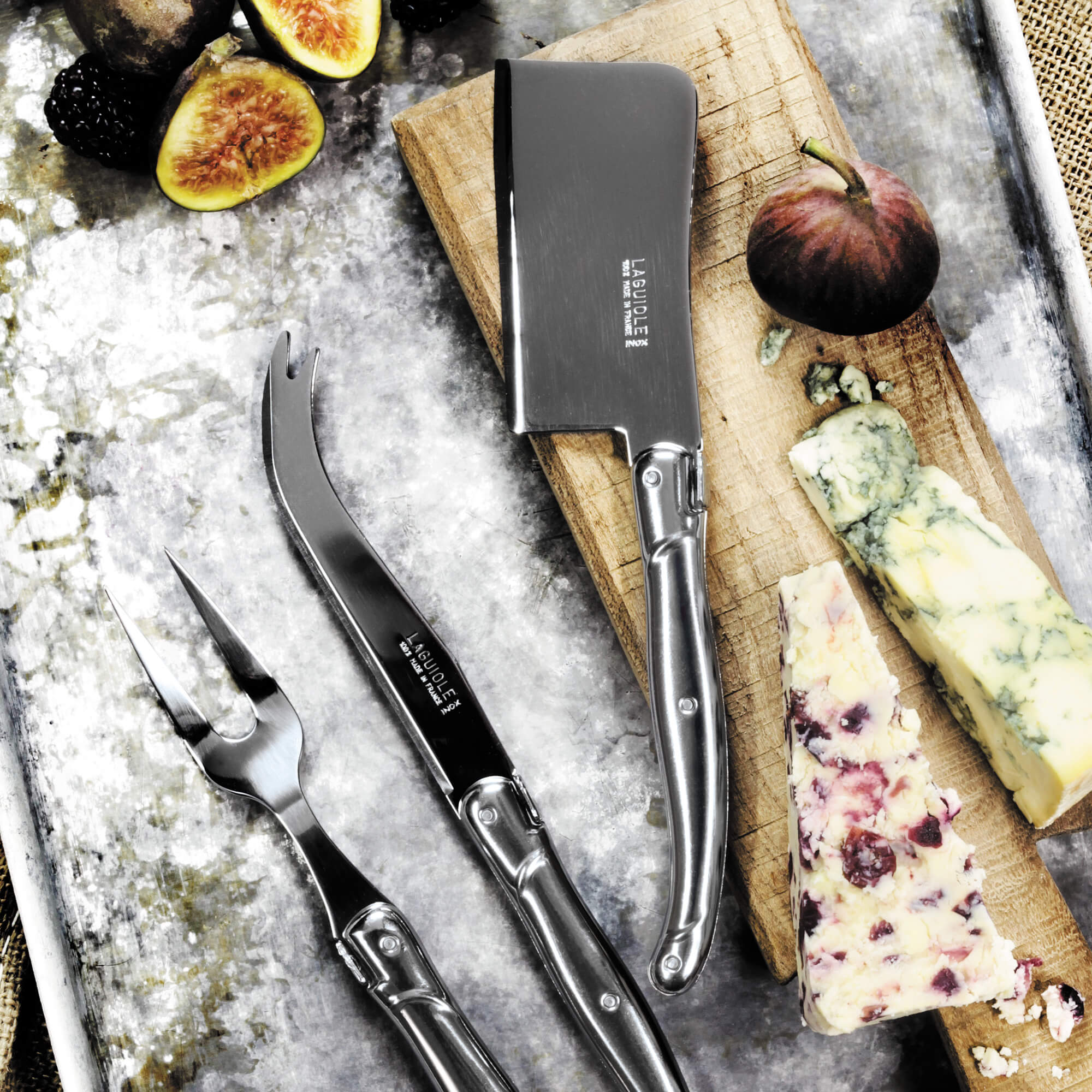 Laguiole Cheese Knife, Fork & Cleaver Set in Tray